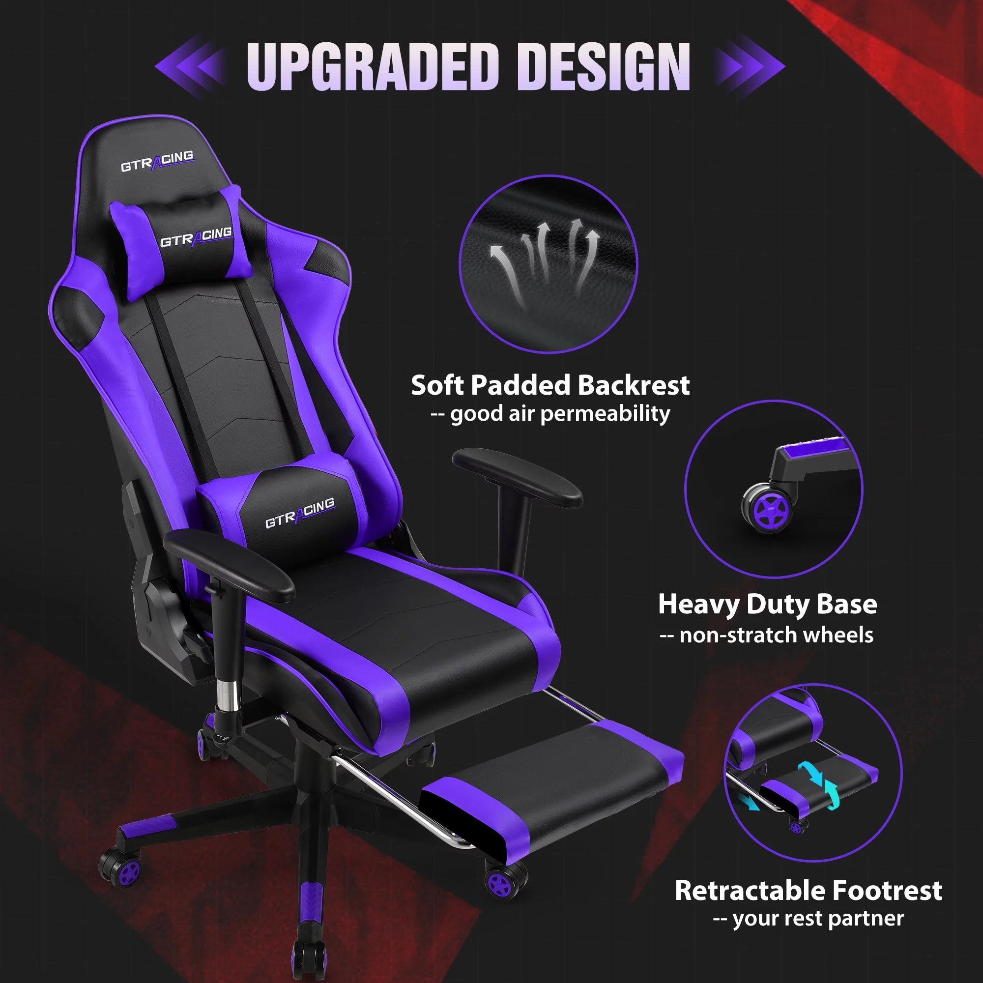 Gaming Chair with Footrest, PU Leather, Adjustable Headrest, Purple U7287