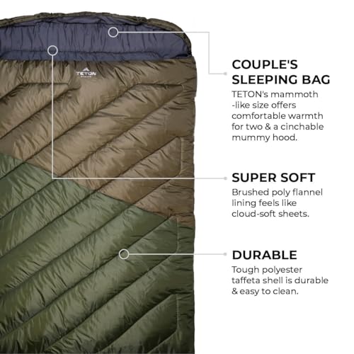 Double Sleeping Bag for Camping, Hunting and Base Camp, 20 and 0 Degree, Compression Sack Included S5374
