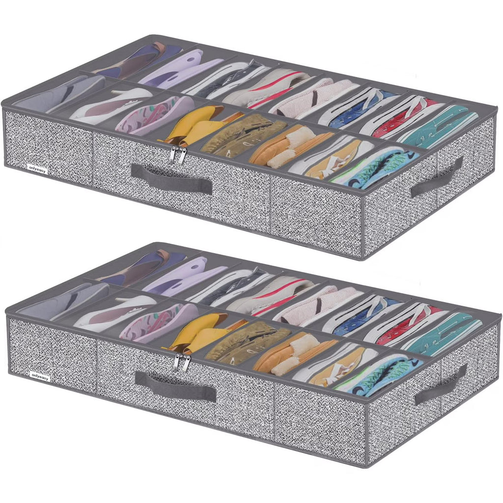 Sturdy Under Bed Shoe Storage Organizer, Set of 2, Fit 12 to 24 Pairs, Underbed Shoes Closet Storage Solution with Clear Window
