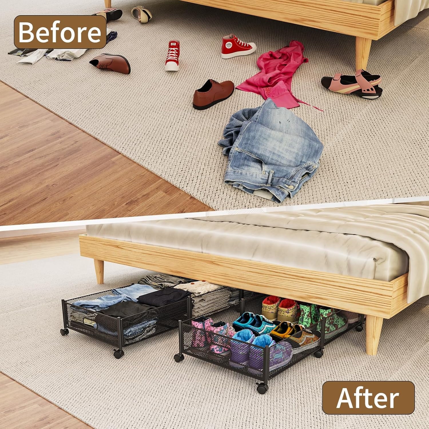 Under Bed Storage on Wheels, Large Capacity Rolling Containers, Foldable Drawers G826102