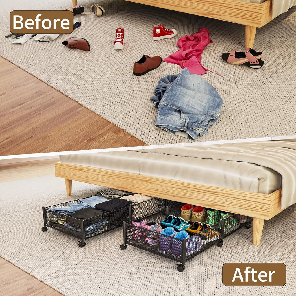 Under Bed Storage on Wheels, Large Capacity Rolling Containers, Foldable Drawers V2641