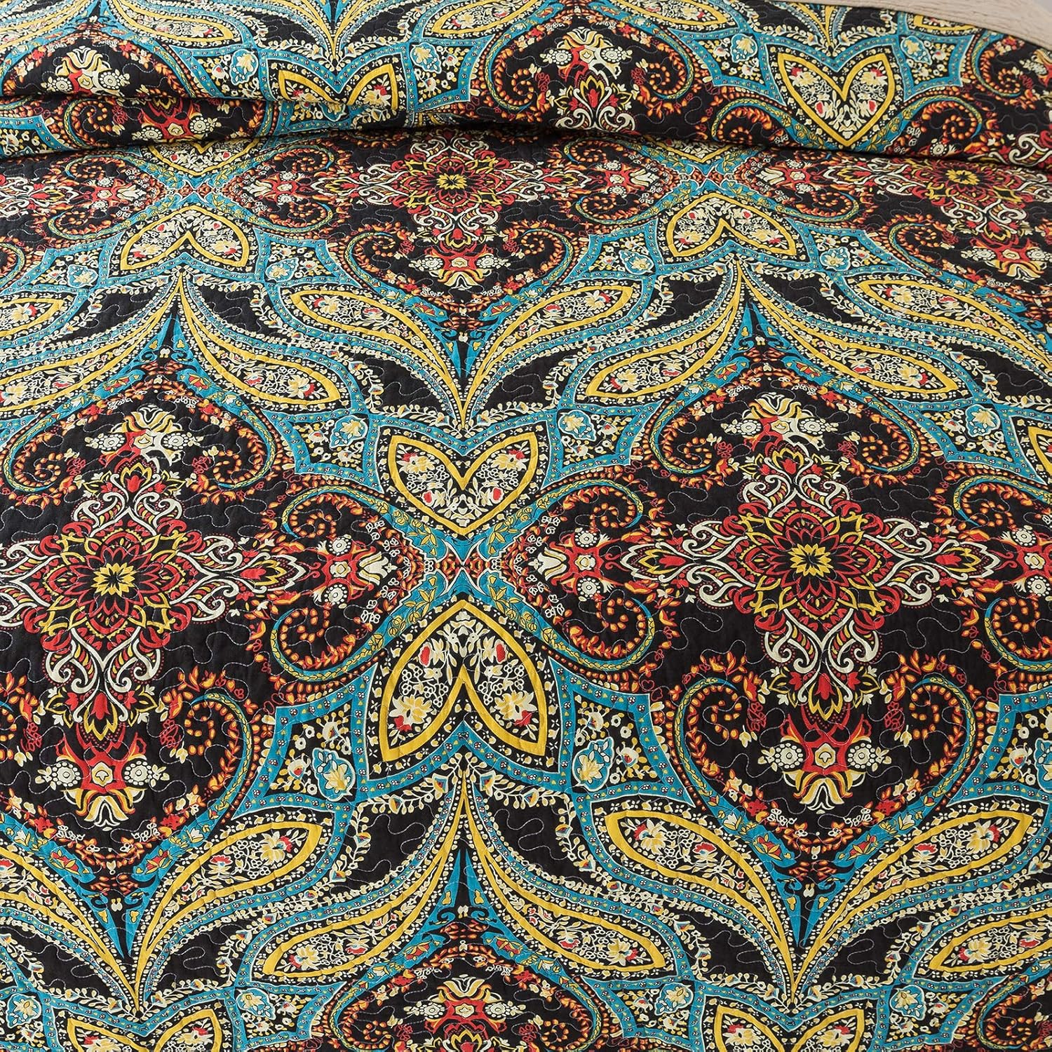 Cotton Bedspread Quilt Set, Reversible Patchwork Coverlet, Floral Pattern D3006