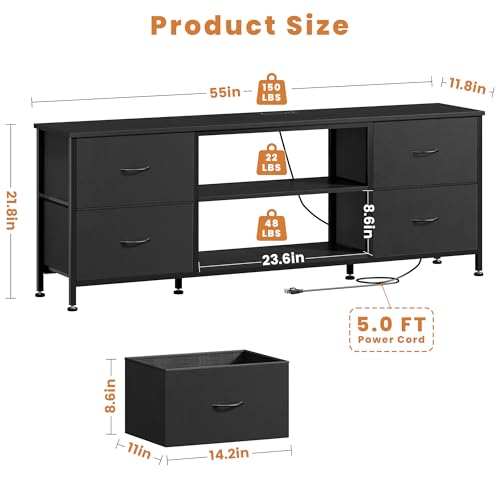 TV Stand with 4 Fabric Drawers and Open Shelves for 50" TV, Black Wood Veins F648