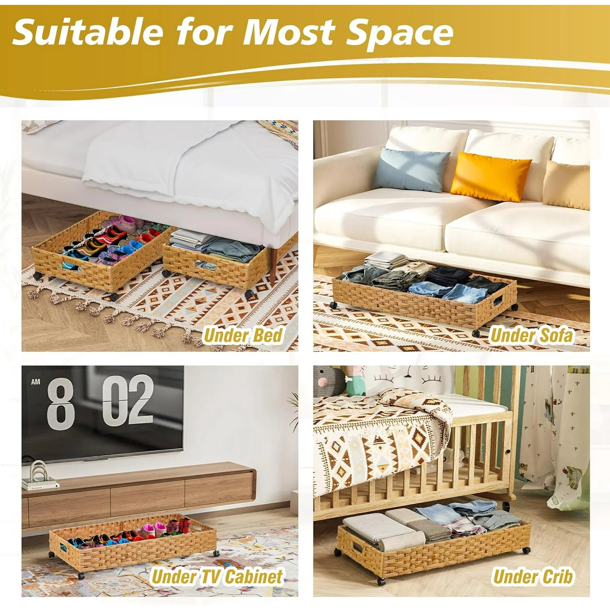 Under Bed Storage Containers with Wheels, 2 Pack, Rattan Organizer Drawer B13974