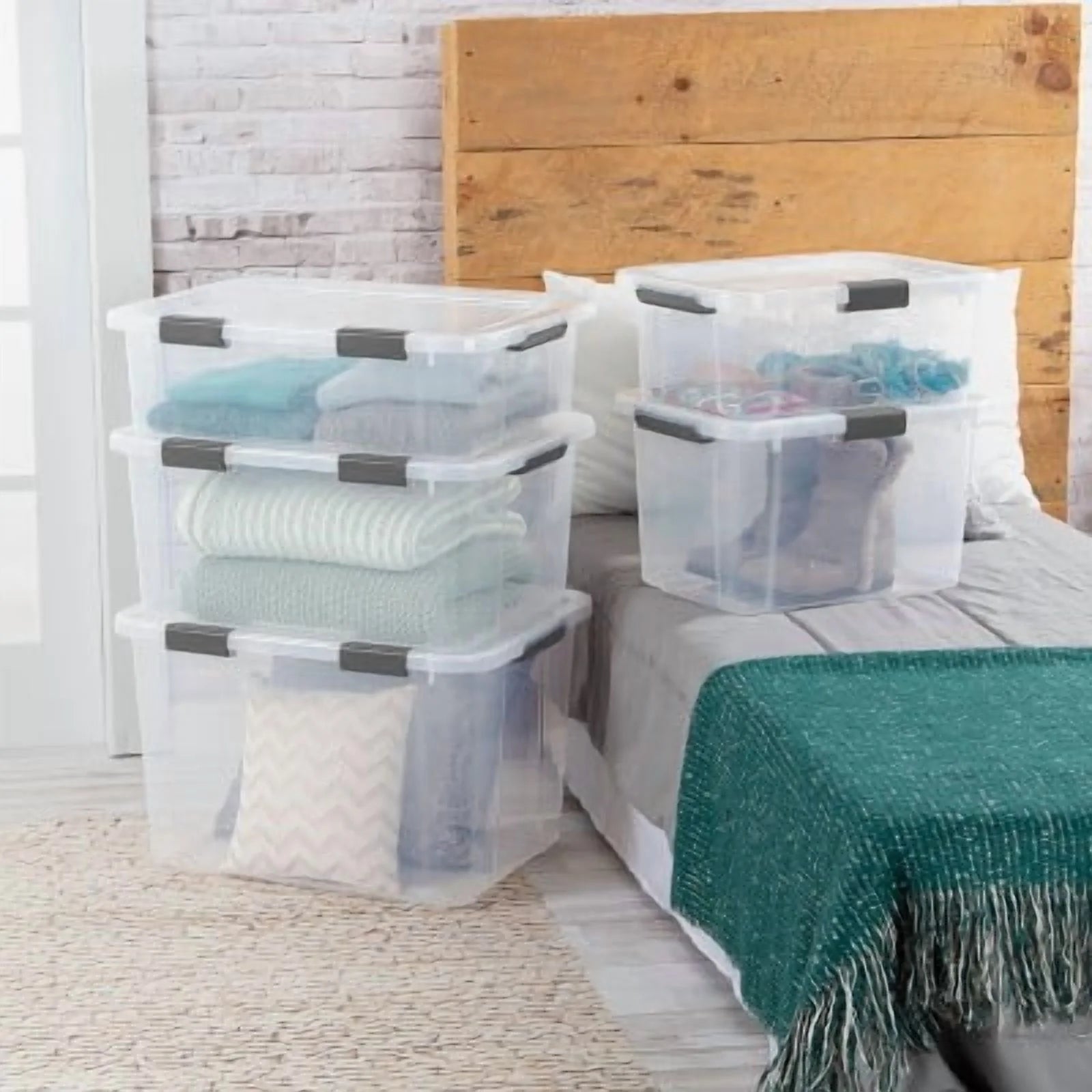Plastic Storage Tote with Hinged Lid and Handles, Stackable C77941