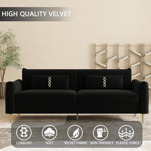 3-Seat Velvet Couch with Solid Wood Frame and Pillows B481145