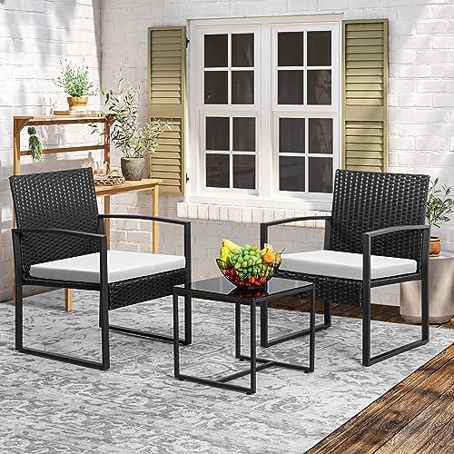 3 Piece Patio Set with Wicker Rattan Table and Chairs, White Y378205
