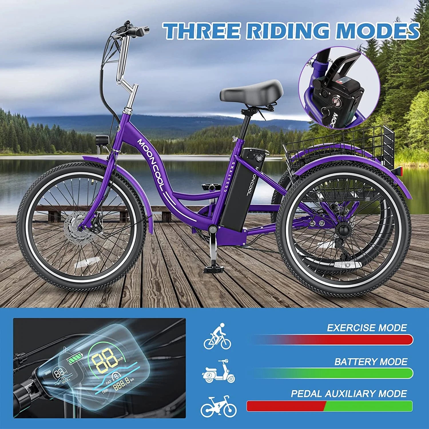 350W Electric Trike 7-Speed 3-Wheel Bicycle for Adults with Rear Basket N8611