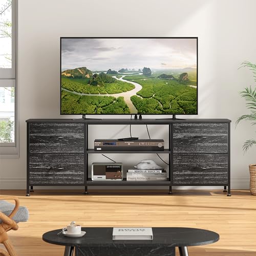 TV Stand with 4 Fabric Drawers and Open Shelves for 50" TV, Black Wood Veins F648
