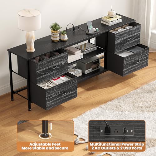 TV Stand with 4 Fabric Drawers and Open Shelves for 50" TV, Black Wood Veins F648