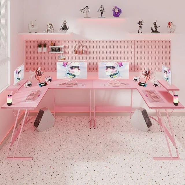 Pink L-Shaped Gaming Desk with Monitor Stand, 47 Inch Corner Computer Table I764