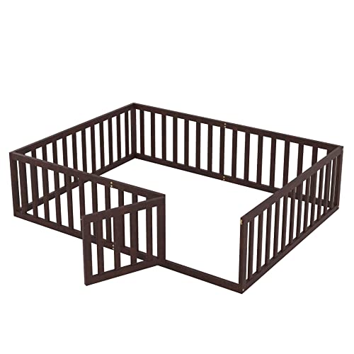 Twin Floor Bed Frame with Safety Fence, Solid Wood U412