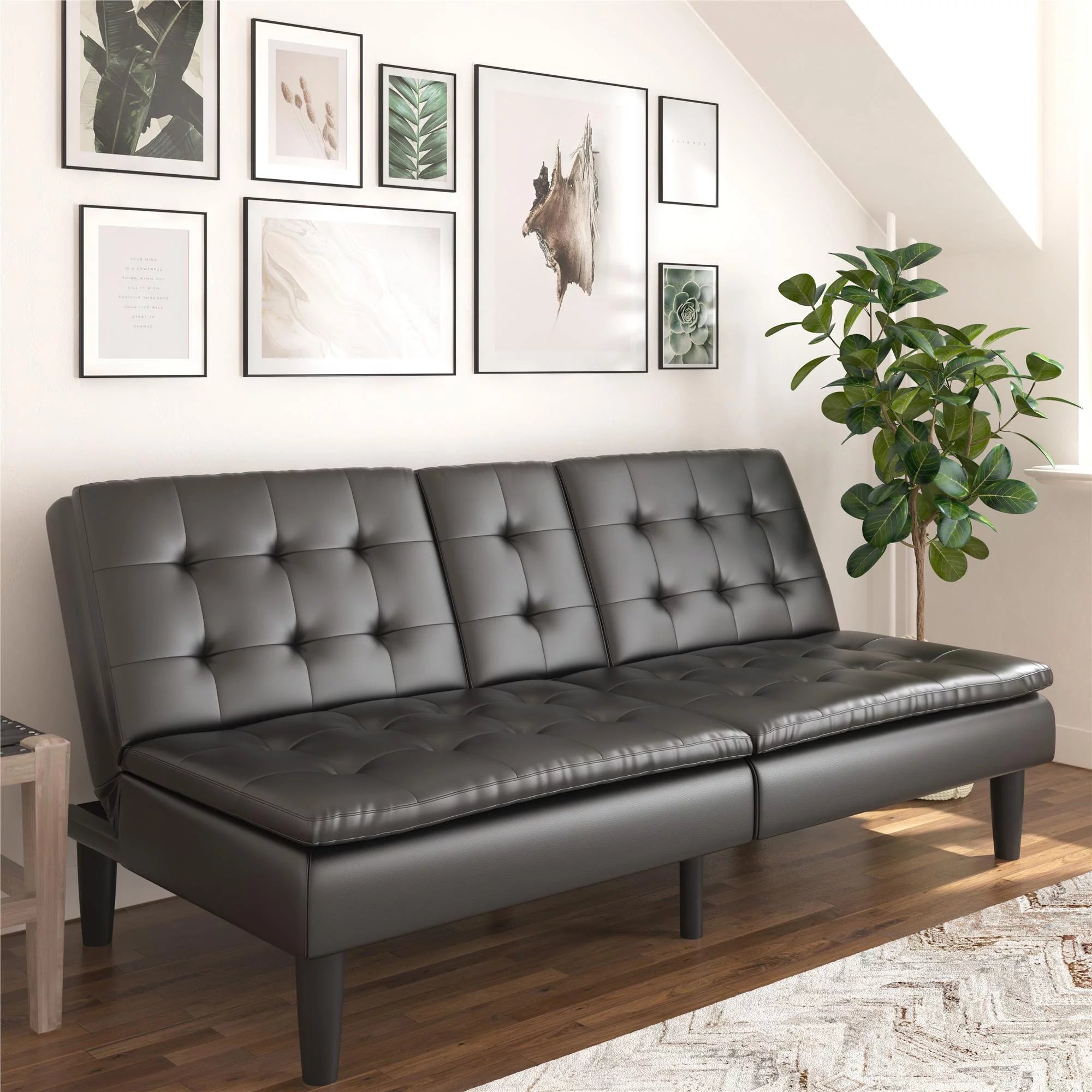 Memory Foam Futon with Cupholder and USB, Black Faux Leather P11538