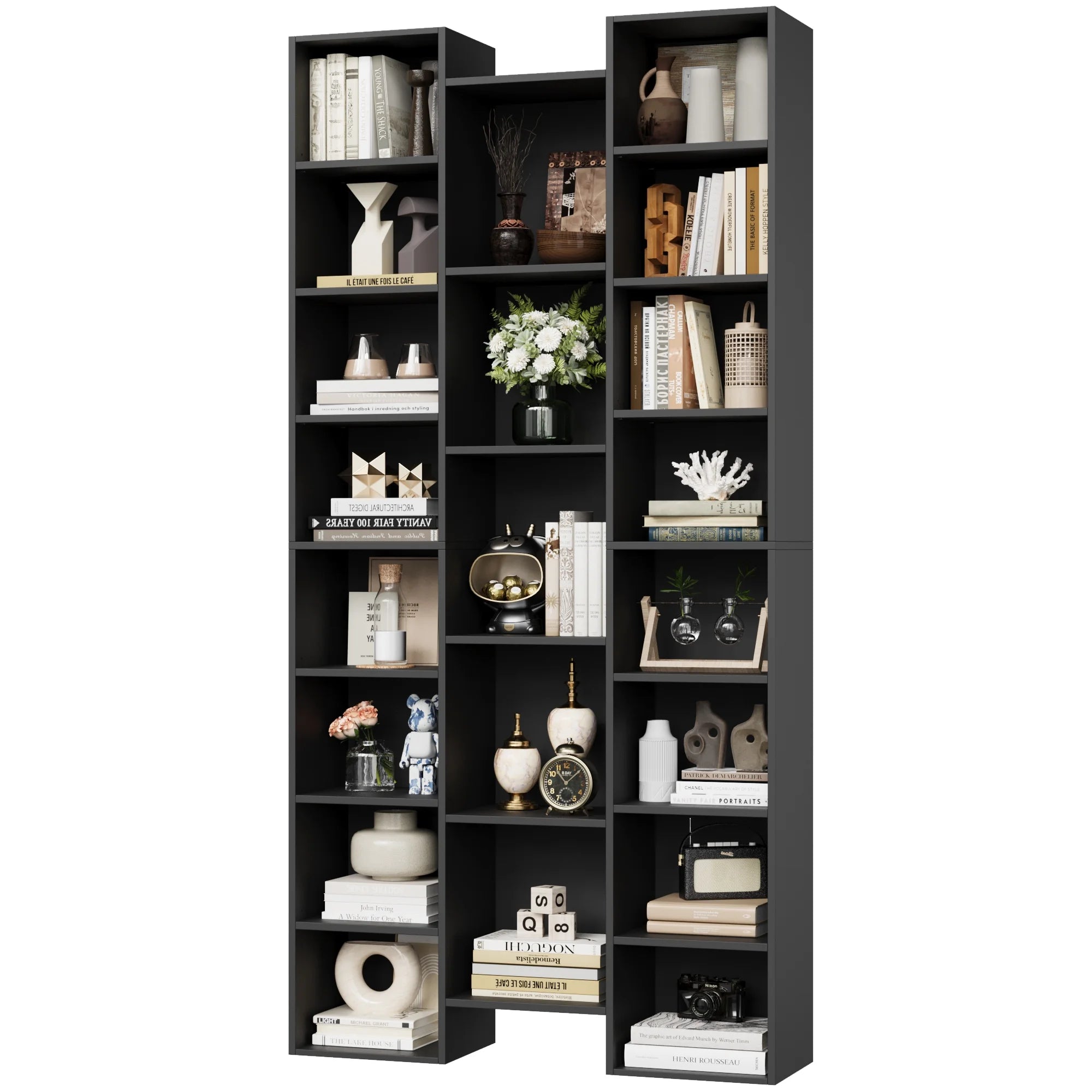 21-Cube Bookcase with Adjustable Shelves, Triple Width Storage Rack, Black I4384