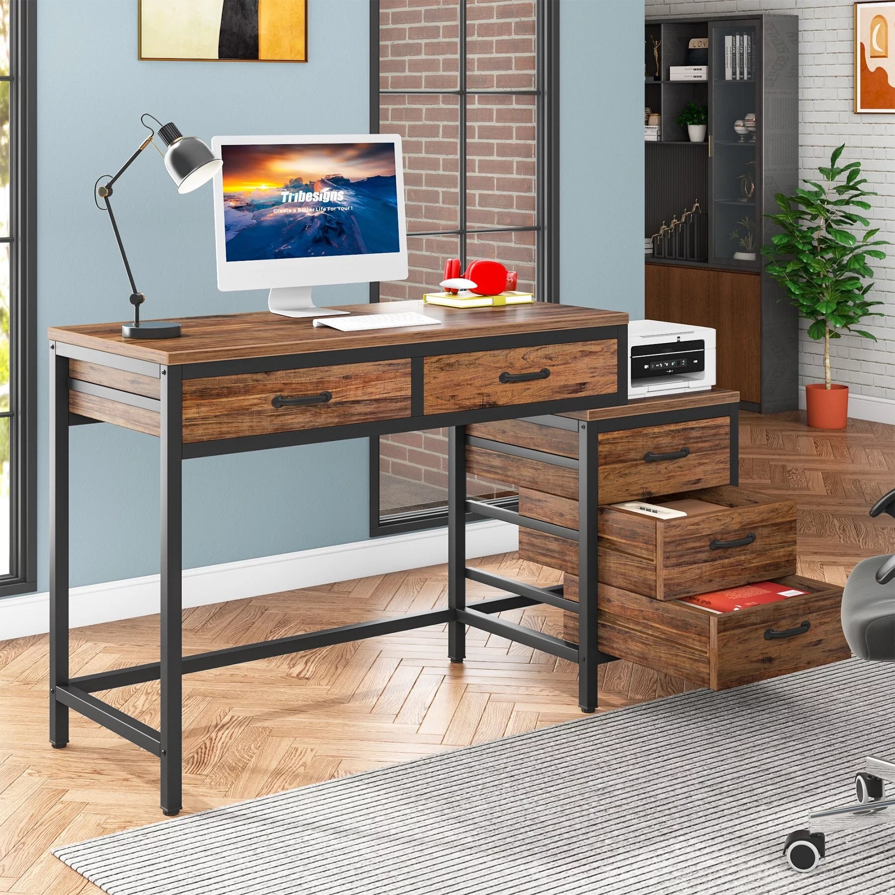 Reversible Computer Desk with 5 Drawers and File Cabinet T75542