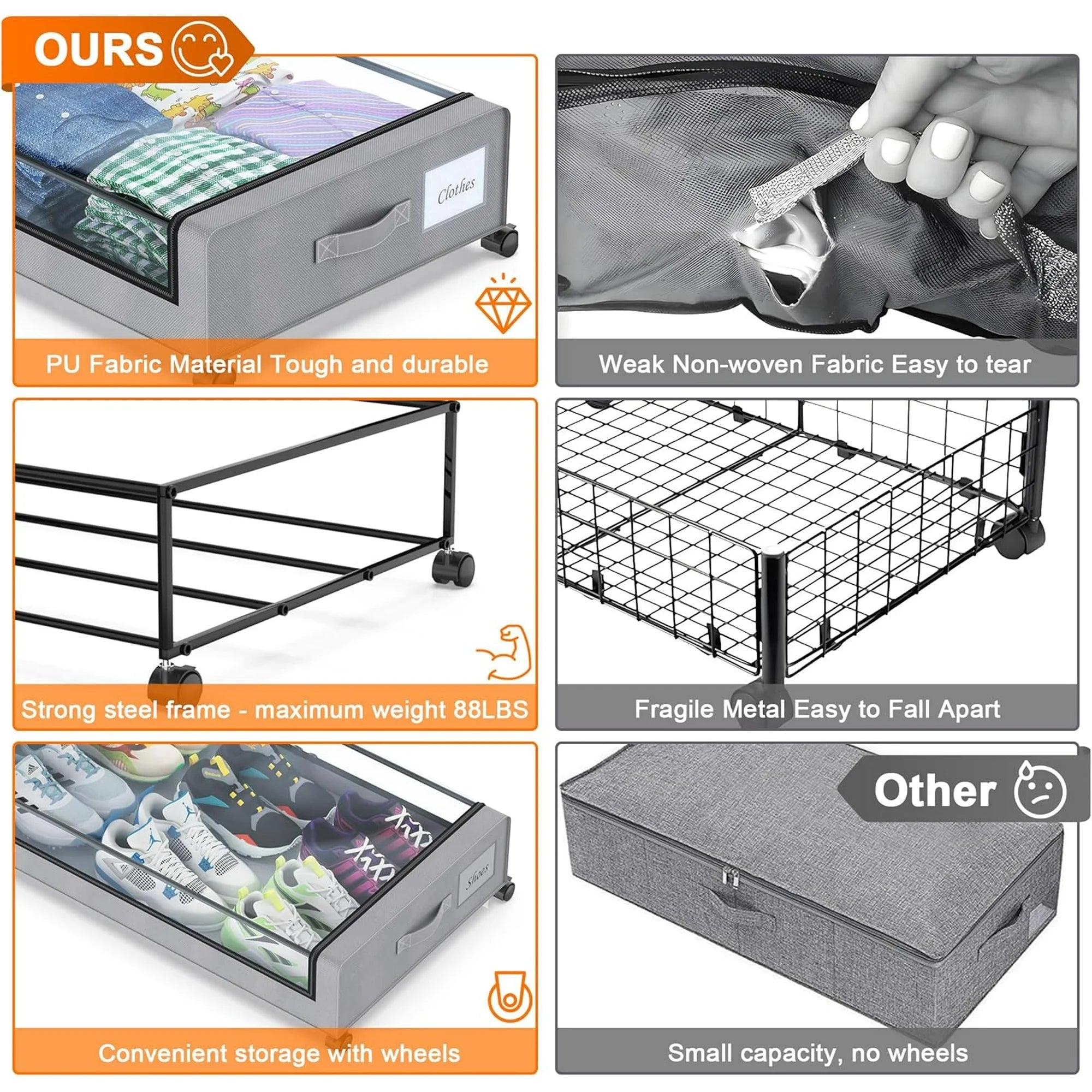 Under Bed Storage Containers with Wheels and Clear Lids, 60L, Gray J9914