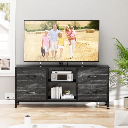 TV Stand with 4 Fabric Drawers and Open Shelves for 50" TV, Black Wood Veins F648