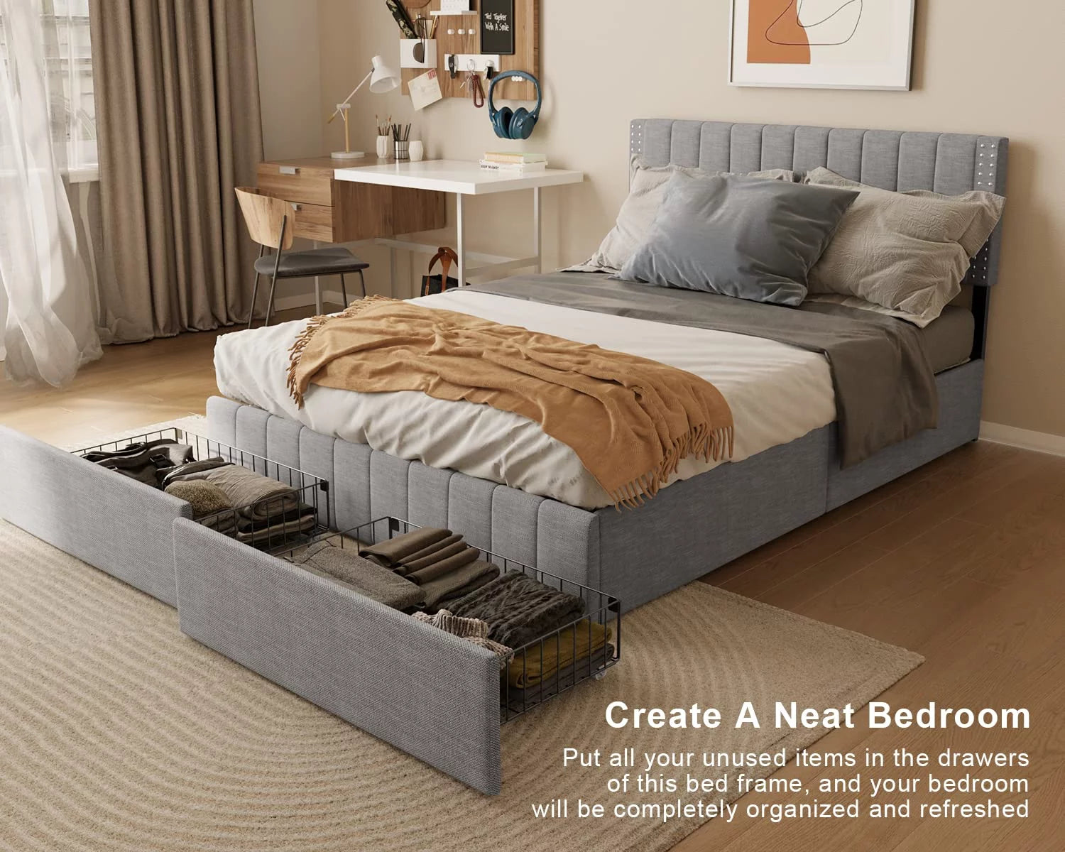 Full Size Bed Frame with Storage Drawers and Adjustable Headboard F3801