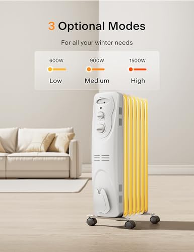 Oil Filled Radiator Heater for Indoor Use, 1500W, 3 Heat Settings, Black H139698