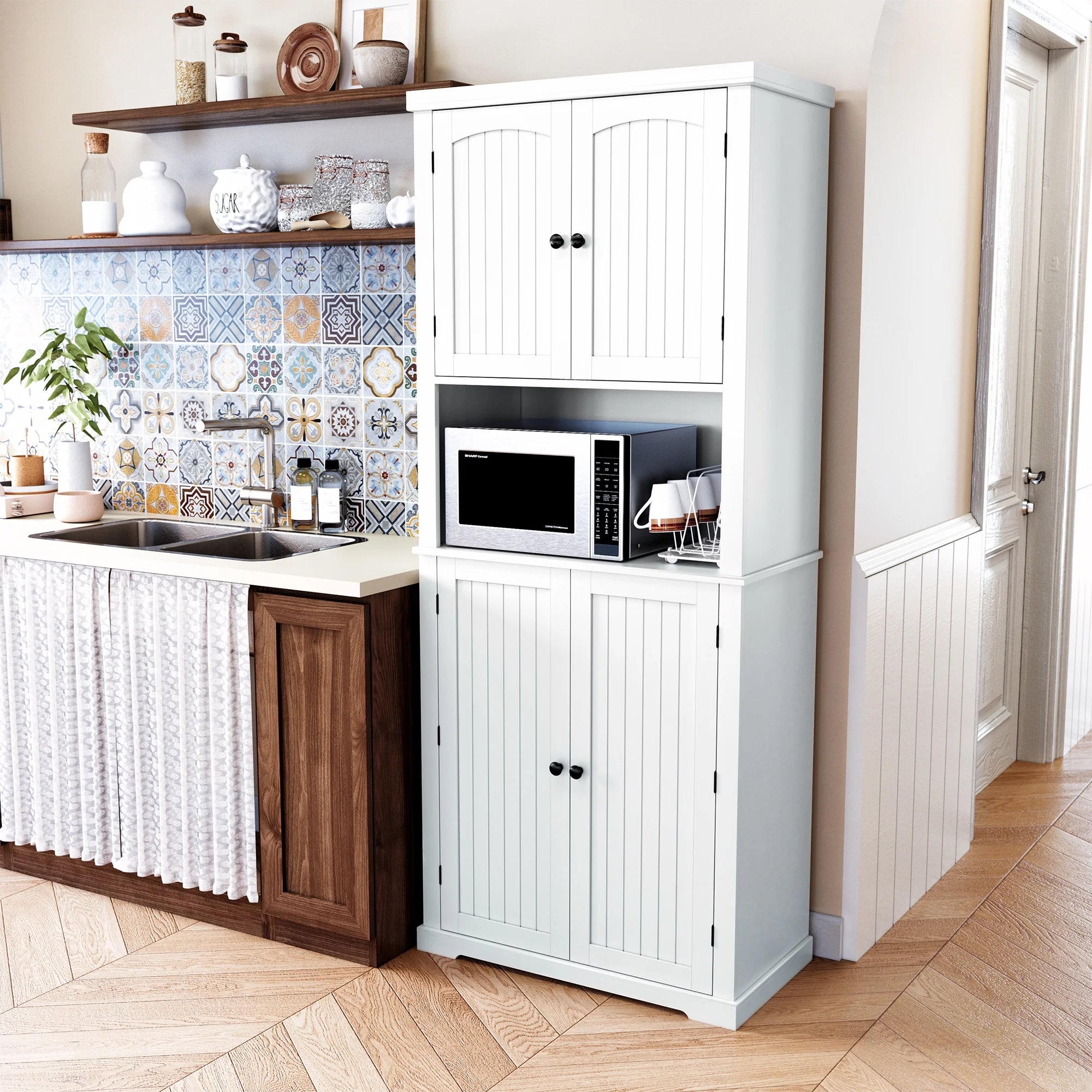 72" Kitchen Pantry Storage Cabinet with Microwave Stand and Shelves L322374