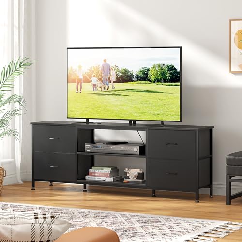 TV Stand with 4 Fabric Drawers and Open Shelves for 50" TV, Black Wood Veins F648