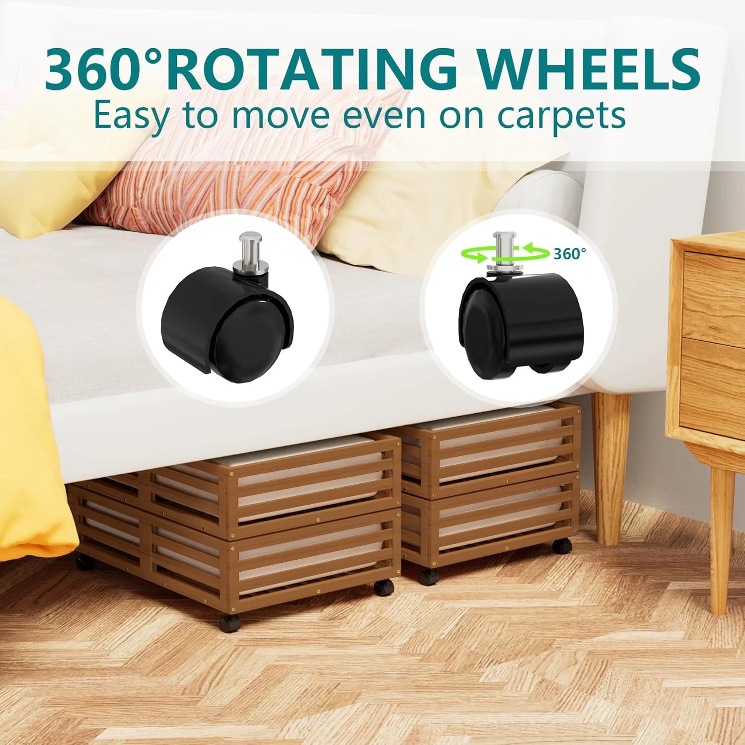 Bamboo Under Bed Storage Containers with Wheels and Dust Bag B86438