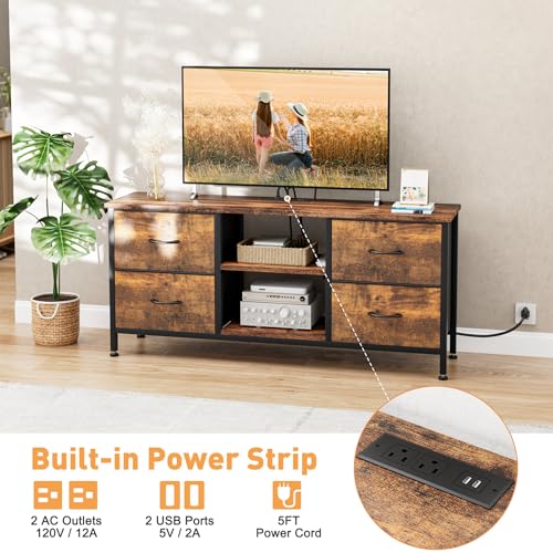TV Stand with 4 Fabric Drawers and Open Shelves for 50" TV, Black Wood Veins F648