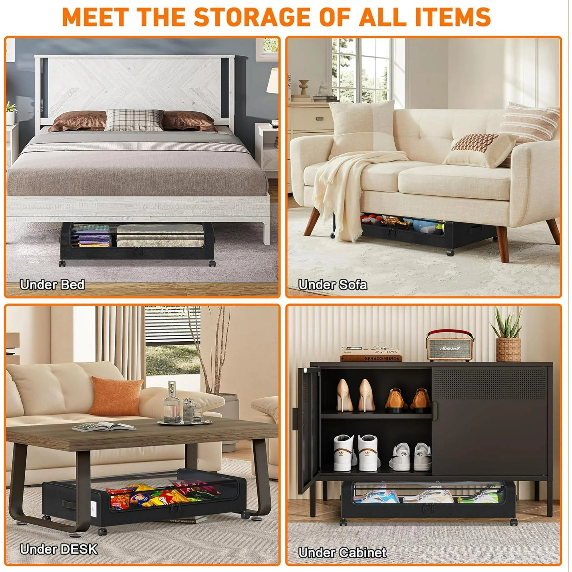 Under Bed Storage Containers with Wheels and Clear Lids, 60L, Gray J9914