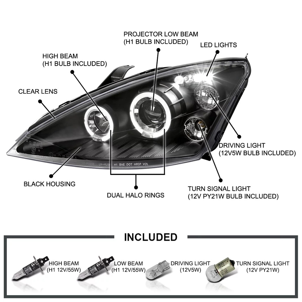 Halo LED Projector Headlights Black for 2000-2004 Ford Focus, Pair A896383