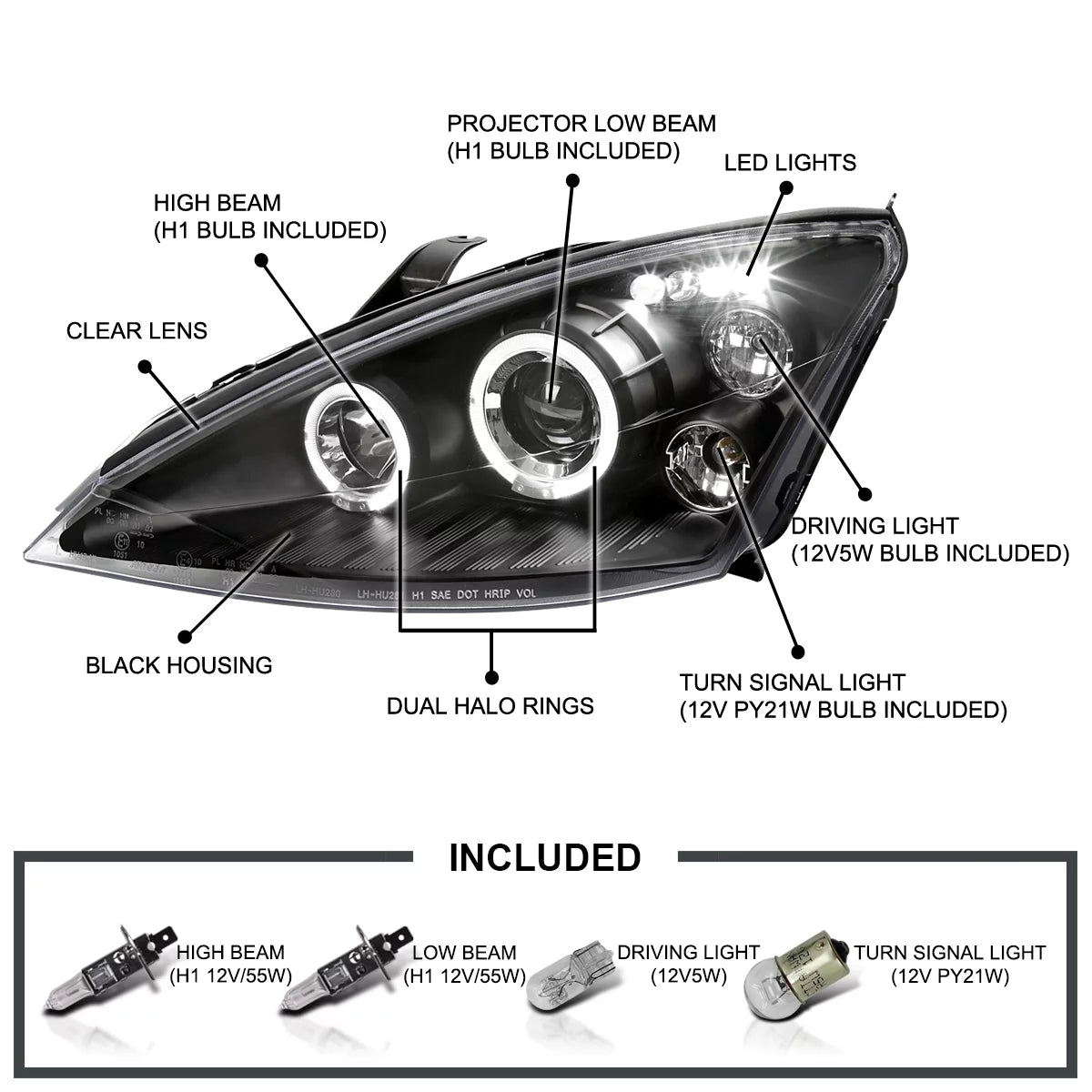 Halo LED Projector Headlights Black for 2000-2004 Ford Focus, Pair A896383