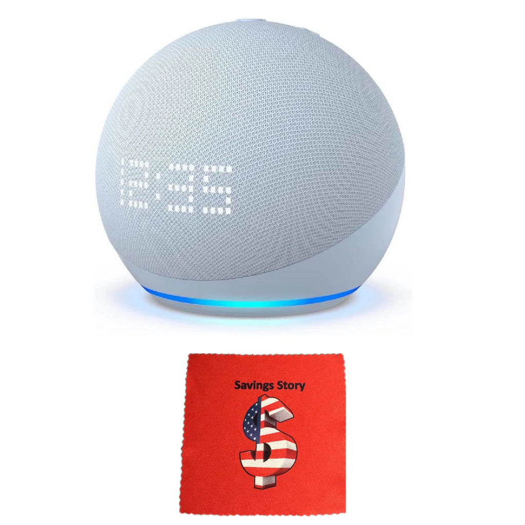Amz_Echo Dot with Clock (5th Gen, 2022) Smart Speaker, Clock, Alexa, Free Savings Story Cleaning Cloth, Cloud Blue, 2 lb