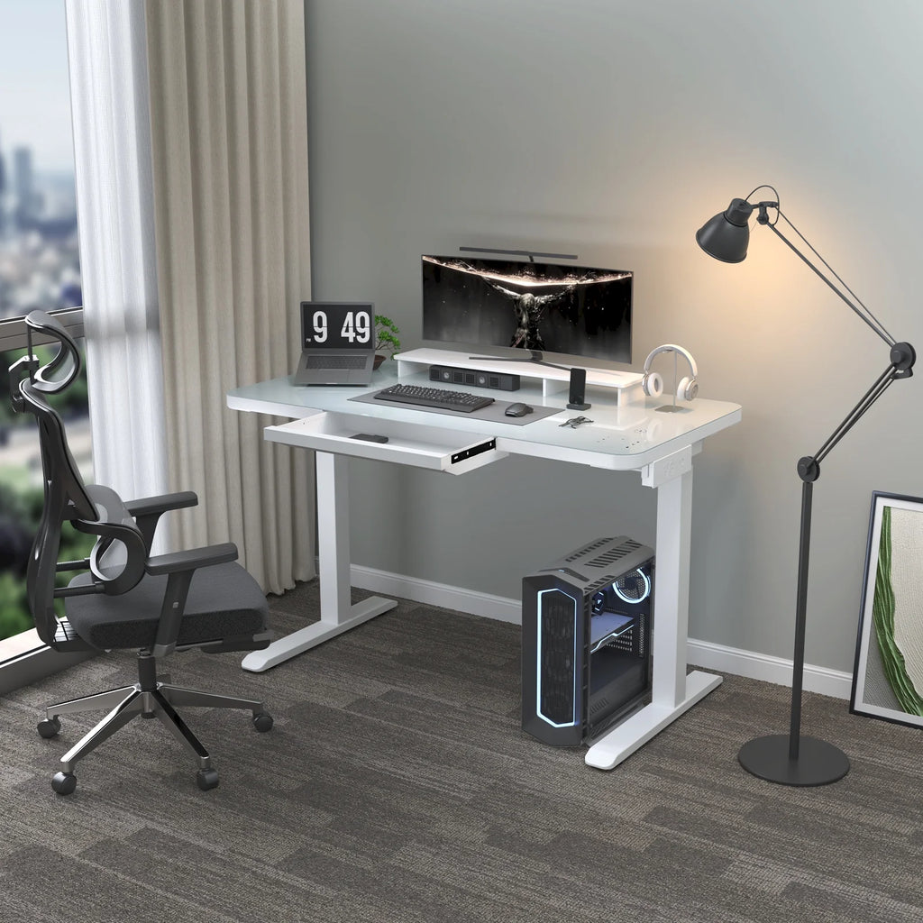 Electric Glass Standing Desk with Drawers, Dual Motor Height Adjustable, White S497991