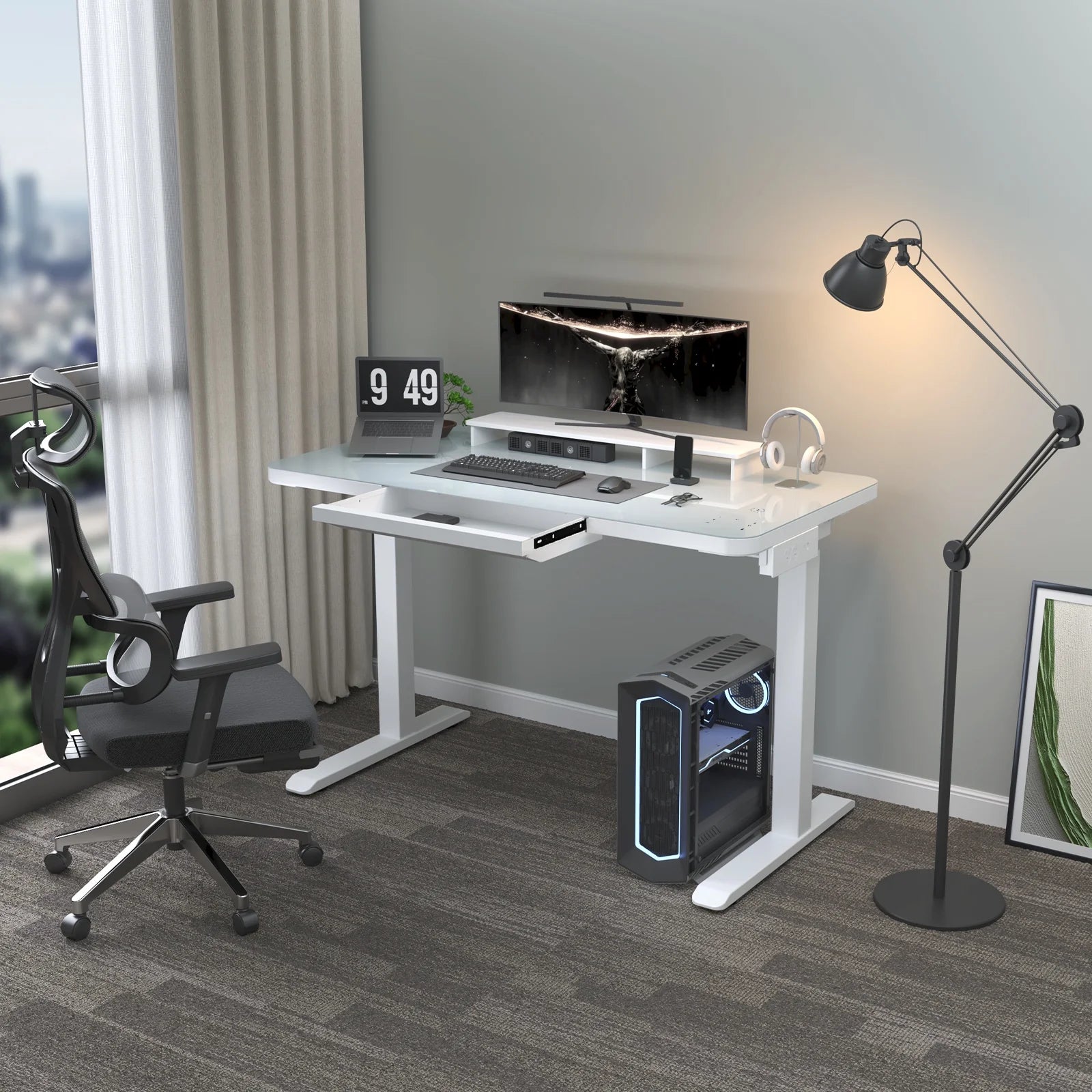 Electric Glass Standing Desk with Drawers, Dual Motor Height Adjustable, White S497991