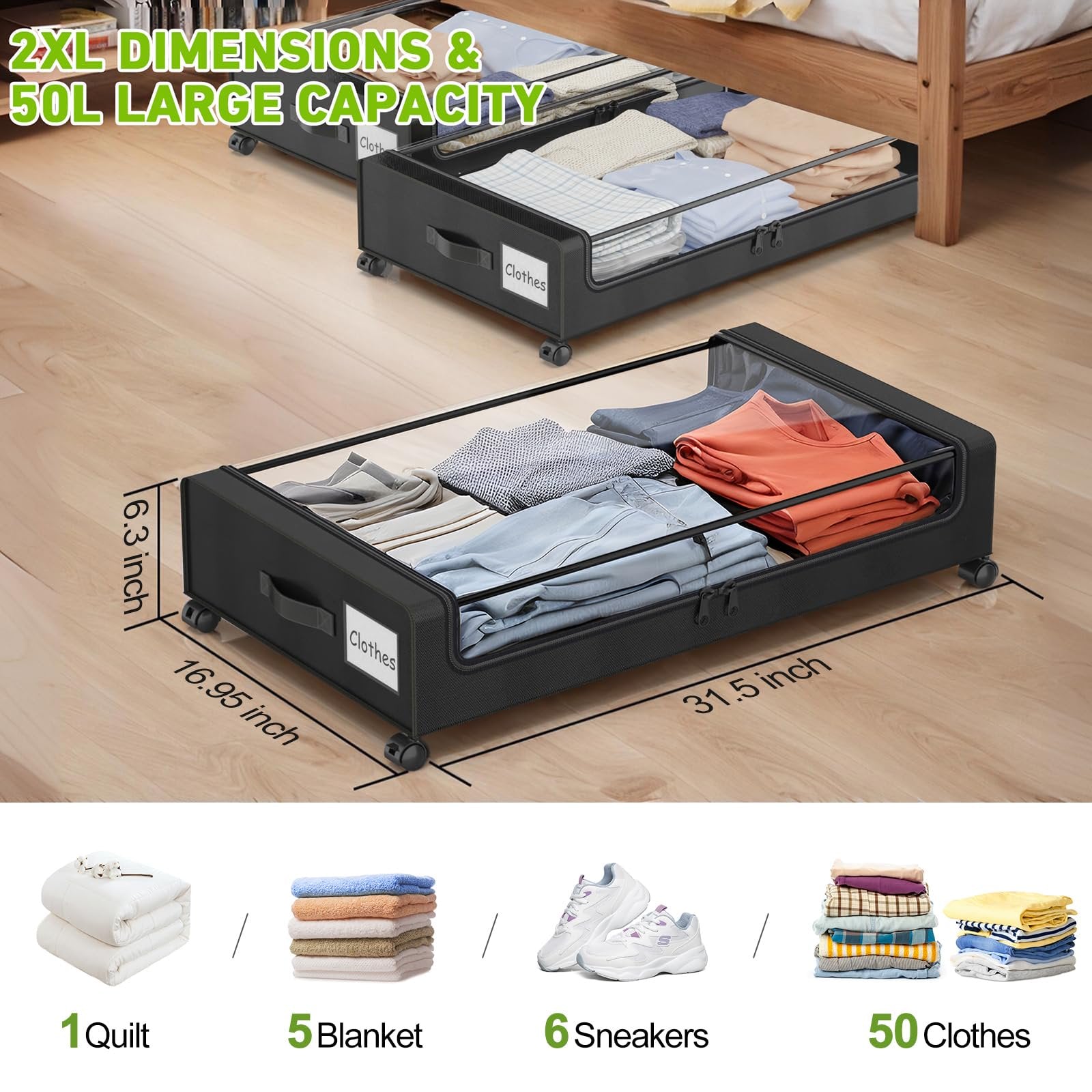 Underbed storage with wheels, 2 pack, clear lid, black B781041