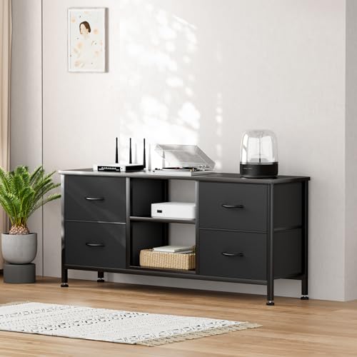 TV Stand with 4 Fabric Drawers and Open Shelves for 50" TV, Black Wood Veins F648