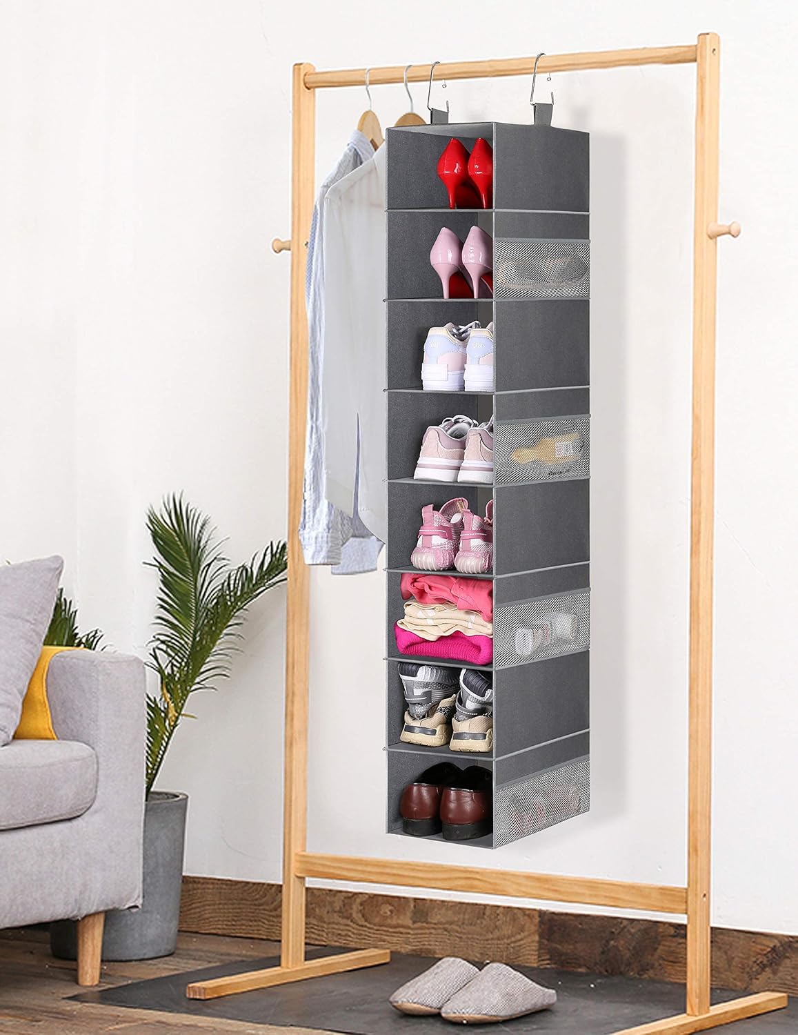 3-Tier Long Shoe Rack for Closet with 8-Shelf Hanging Organizer C3956