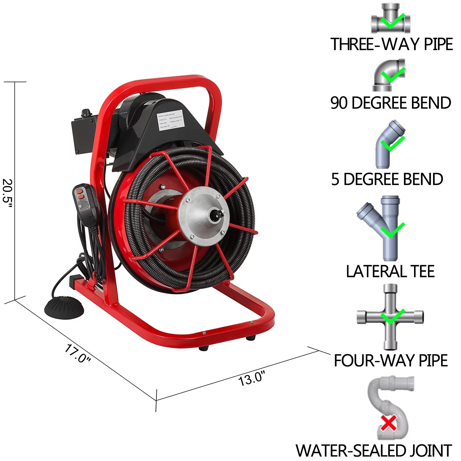 Drain Cleaner Machine 75ft, 370W for 1" to 4" Pipes Y815661