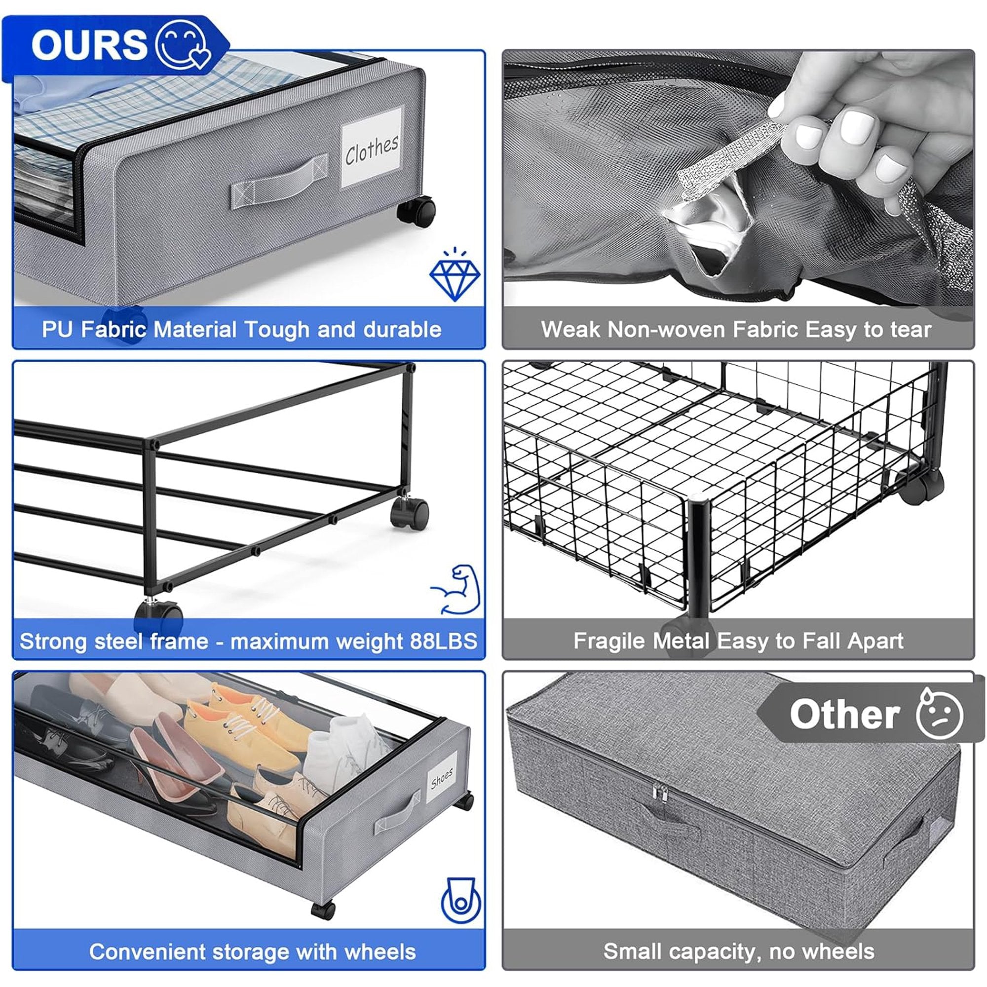 Under Bed Storage Containers with Wheels and Clear Lids, 60L, Gray M165970