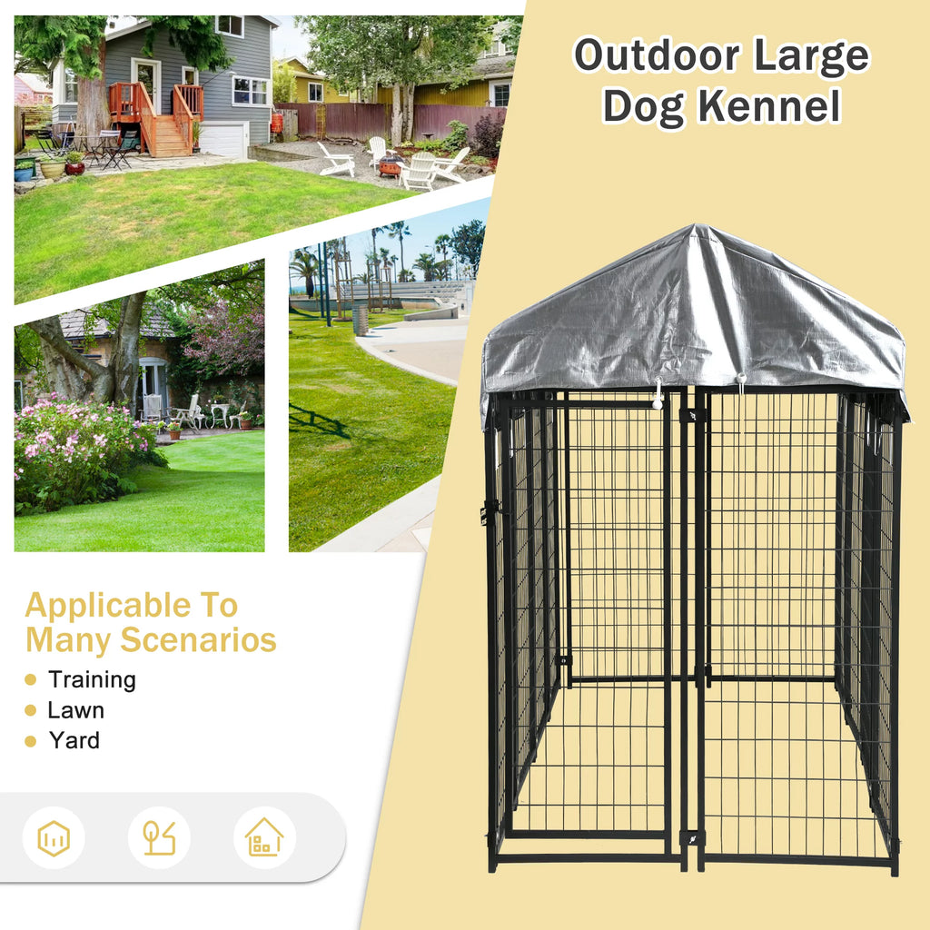 Heavy Duty Outdoor Dog Kennel with Waterproof UV Cover, Large Metal Dog Pen X68622