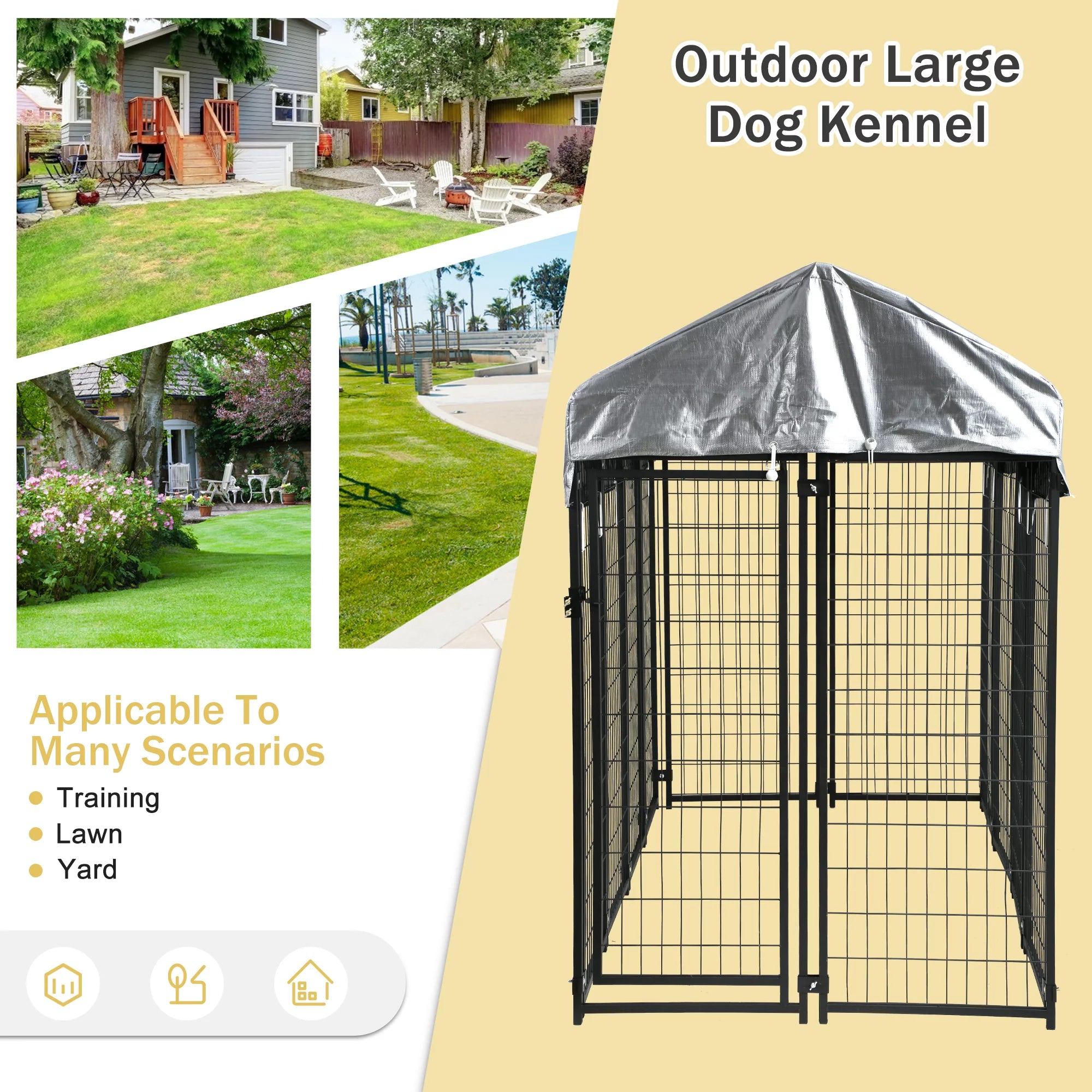 Heavy Duty Outdoor Dog Kennel with Waterproof UV Cover, Large Metal Dog Pen X68622