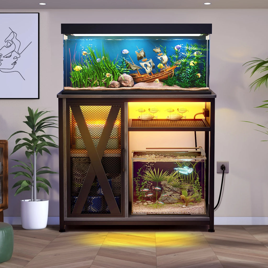 Metal Aquarium Stand with Power Outlets and LED Light for 40-50 Gallon Tank Y39338