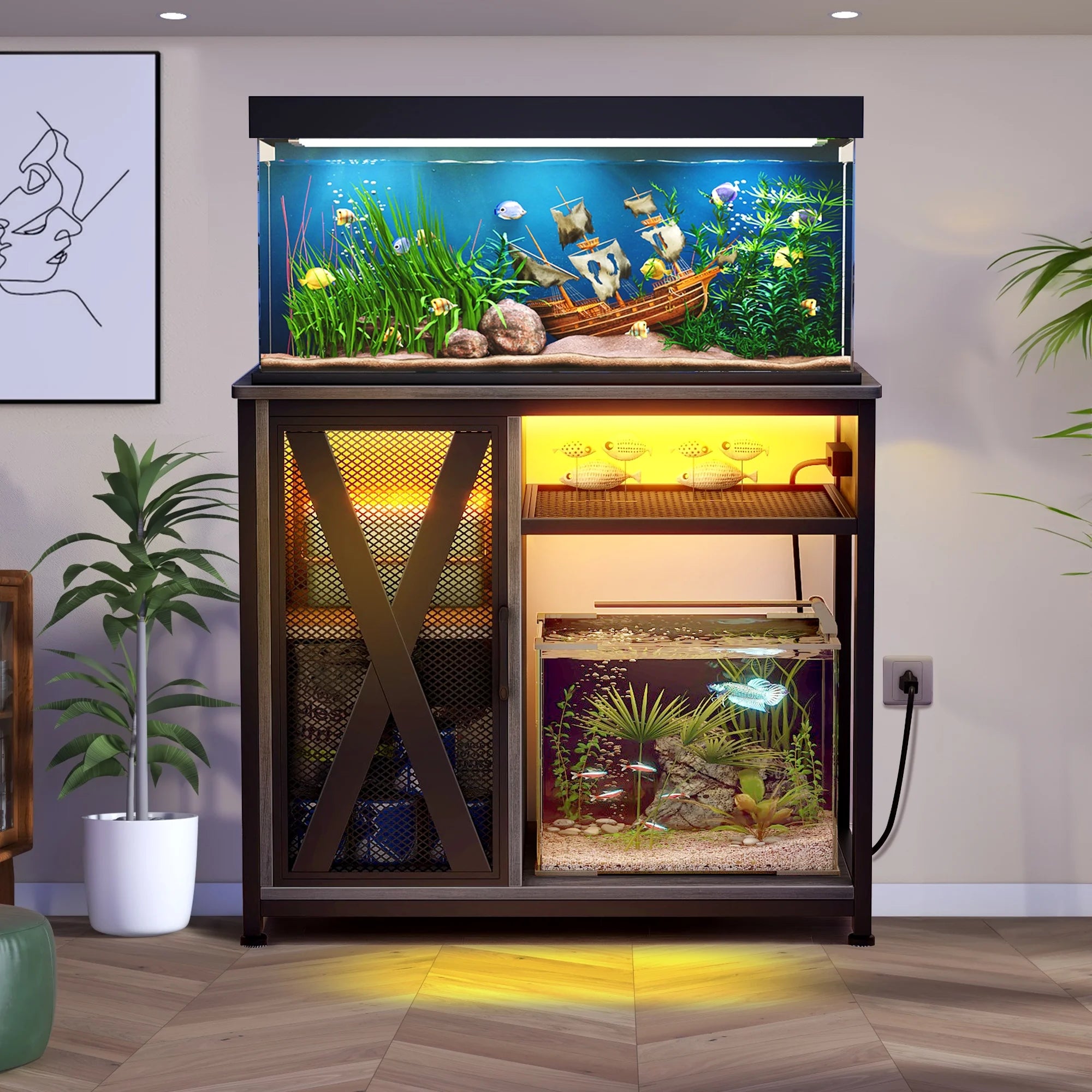 Metal Aquarium Stand with Power Outlets and LED Light for 40-50 Gallon Tank Y39338