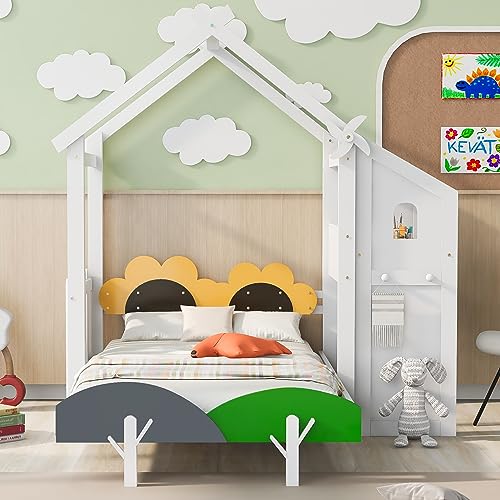 House-Shaped Twin Size Platform Bed with Windmill and Flower Decor E549