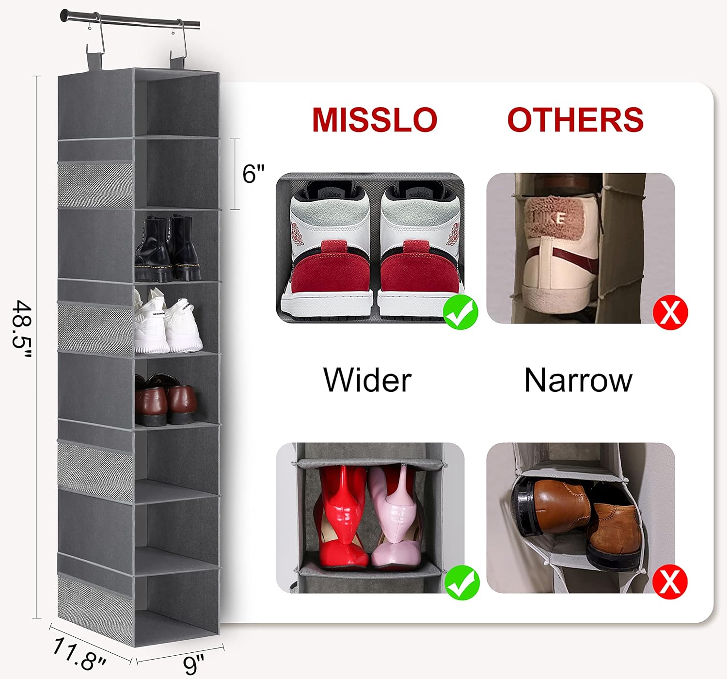 3-Tier Long Shoe Rack for Closet with 8-Shelf Hanging Organizer C3956