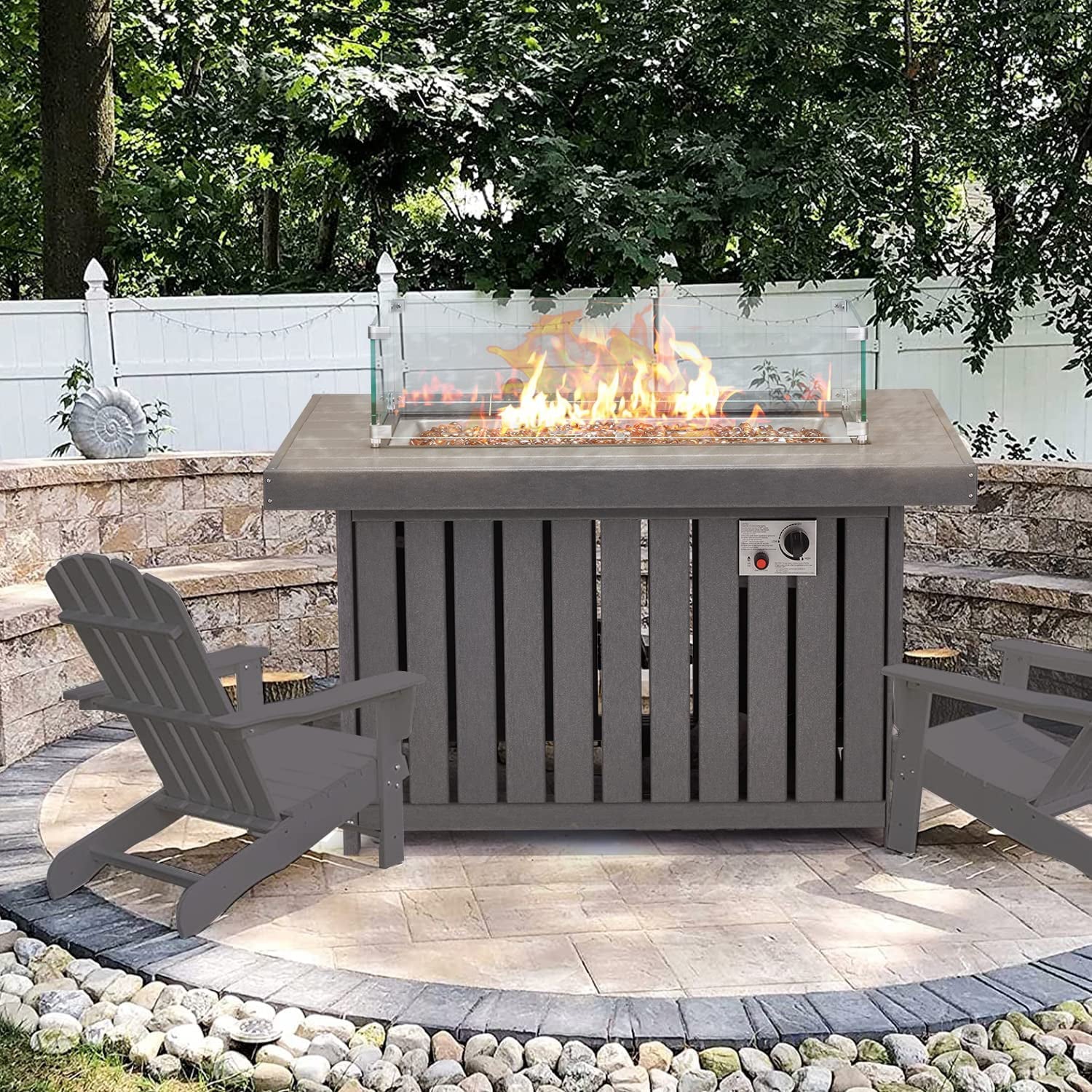 43 Inch HDPE Propane Fire Pit Table with Lid and Fire Glass, Gray F161