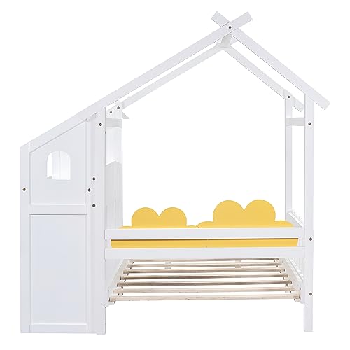 House-Shaped Twin Size Platform Bed with Windmill and Flower Decor E549