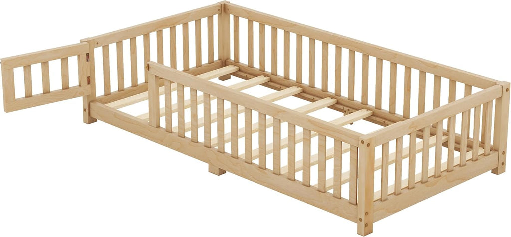 Twin Size Montessori Floor Bed with Door and Fence for Kids, Easy Assembly, Natural S369