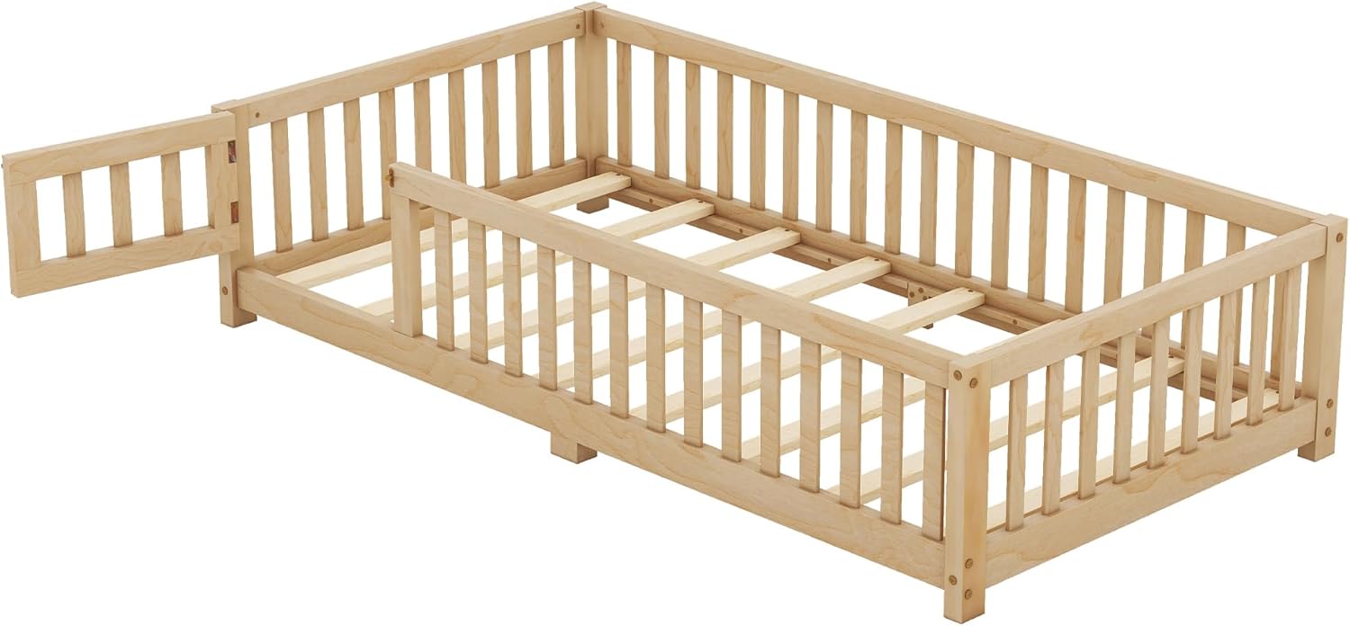 Twin Size Montessori Floor Bed with Door and Fence for Kids, Easy Assembly, Natural S369