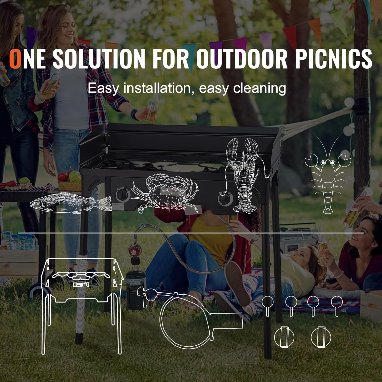 Outdoor Propane Burner, 2 Burner Stove with Windscreen, Heavy Duty Gas Cooker with Detachable Legs Stand K541773