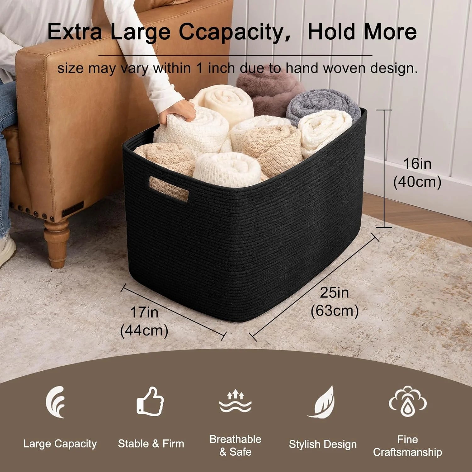 Cotton Rope Storage Basket, Oversized Blanket Basket for Living Room, Bedroom, Nursery F8776